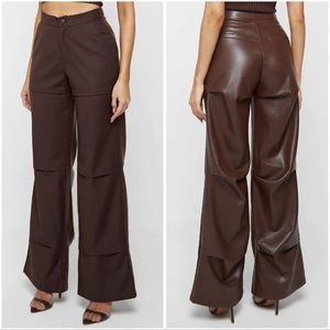 NWT Maniere De Voir Woven & Vegan Leather Tacked Trousers - Brown Size 4